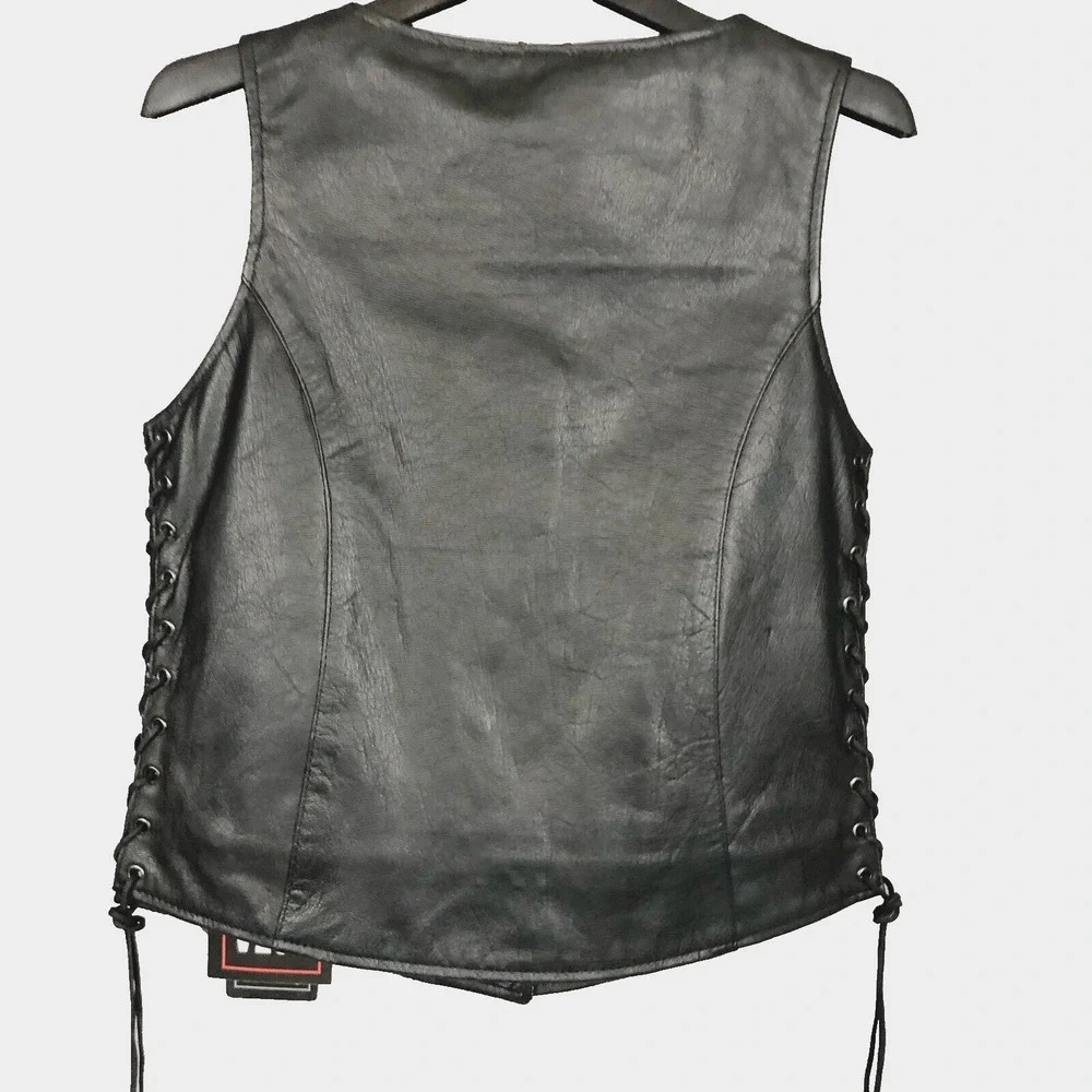 Unik Premium Women Sz M Black Leather Snap Front Vest Side Laces Paisley Liner - Picture 6 of 16